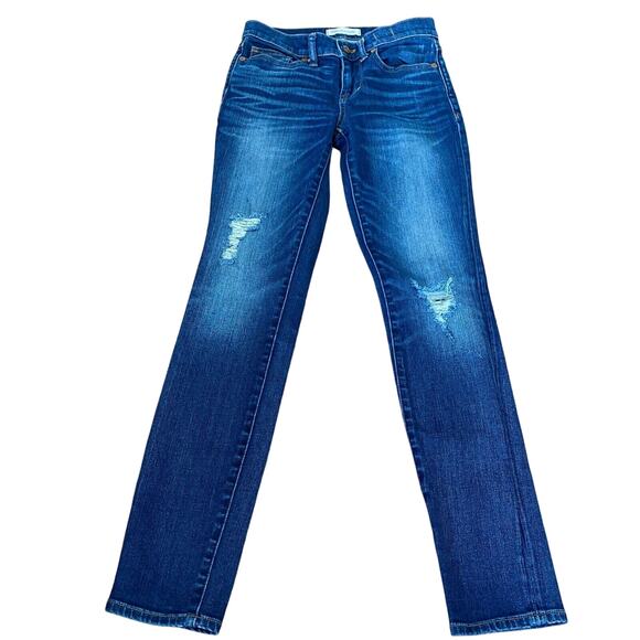 Madewell Mid Rise Skinny Medium Blue Wash Whiskered Distressed Knee Jeans 25 - Picture 2 of 9